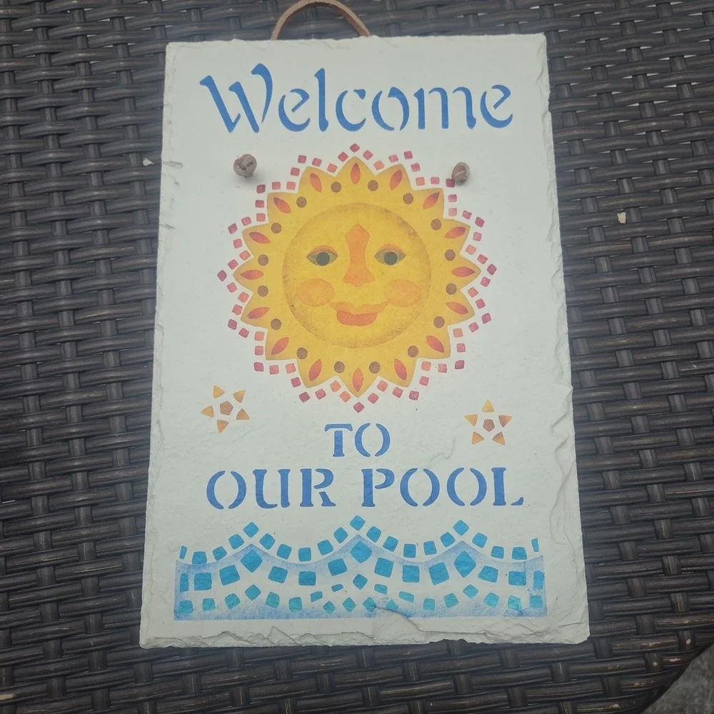 Slate Handpainted Welcome To Our Pool Celestial Sun Sign Beach Waves 12
